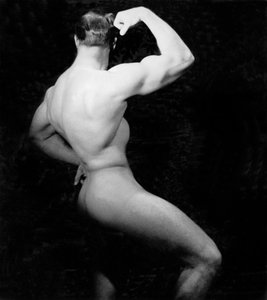 Naakte bodybuilder zijaanzicht, San Francisco, Californië, ca. 1950